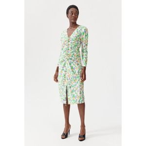 Floral Ruched Long Sleeve Midi Dress - White Multi